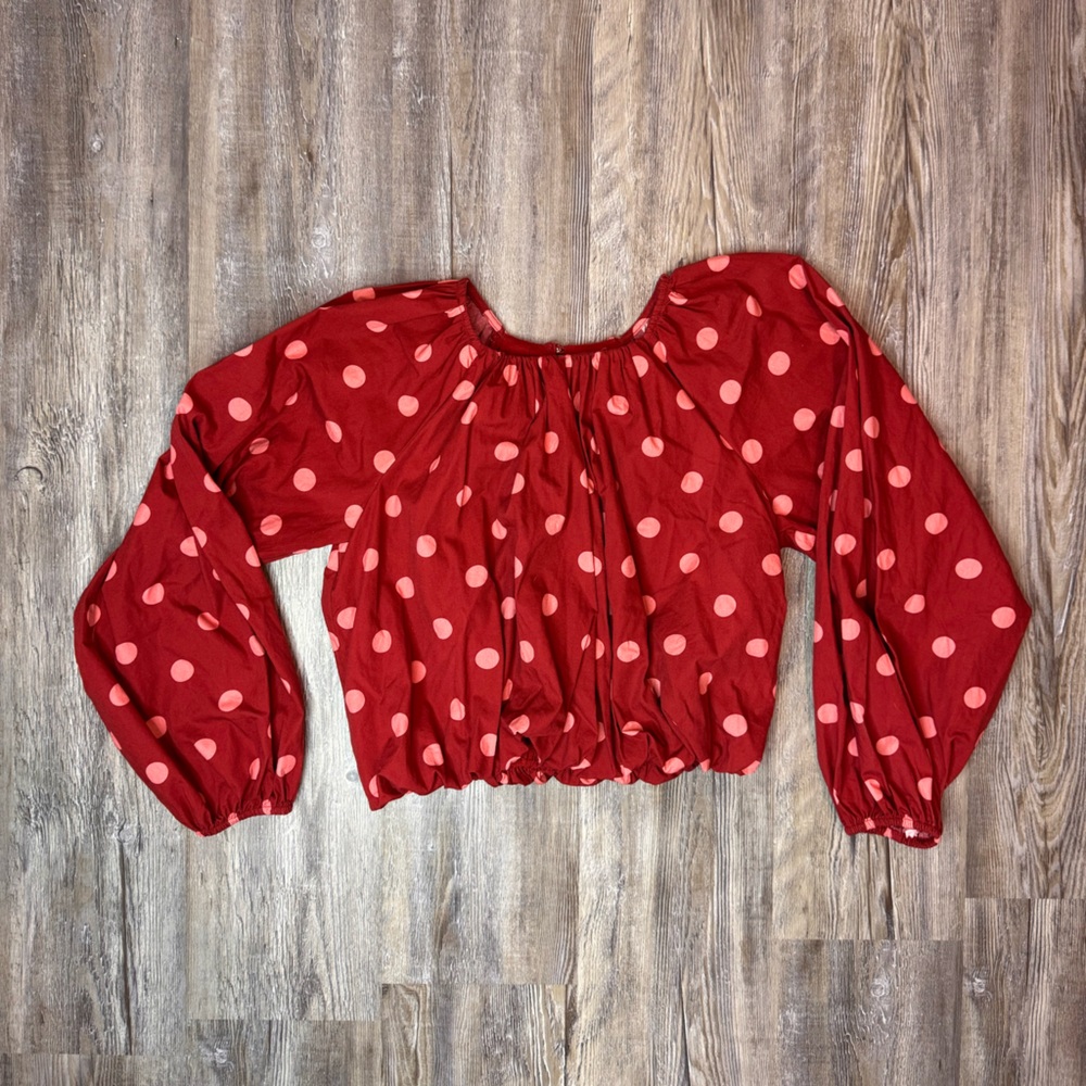 Maeve by Anthropologie Popplin Bubble Blouse Polka Dot Shirt Pink Red X Small